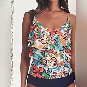 Into The Blue Floral Ruffle Women's Swim Tankini Top L NWT